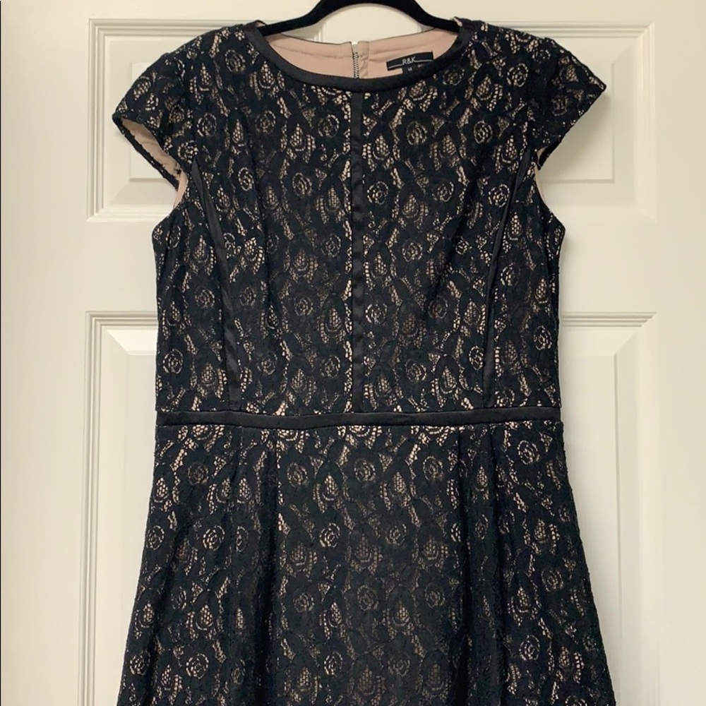 R&K Black Lace Short Sleeved Dress w/Satin Trim